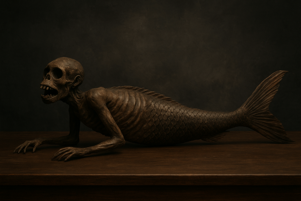 مخلوق فيجي البحري بين الخدعة والأسطورة نموذج محنط لكائن هجين يجمع بين قرد صغير وذيل سمكة على طاولة عرض قديمة