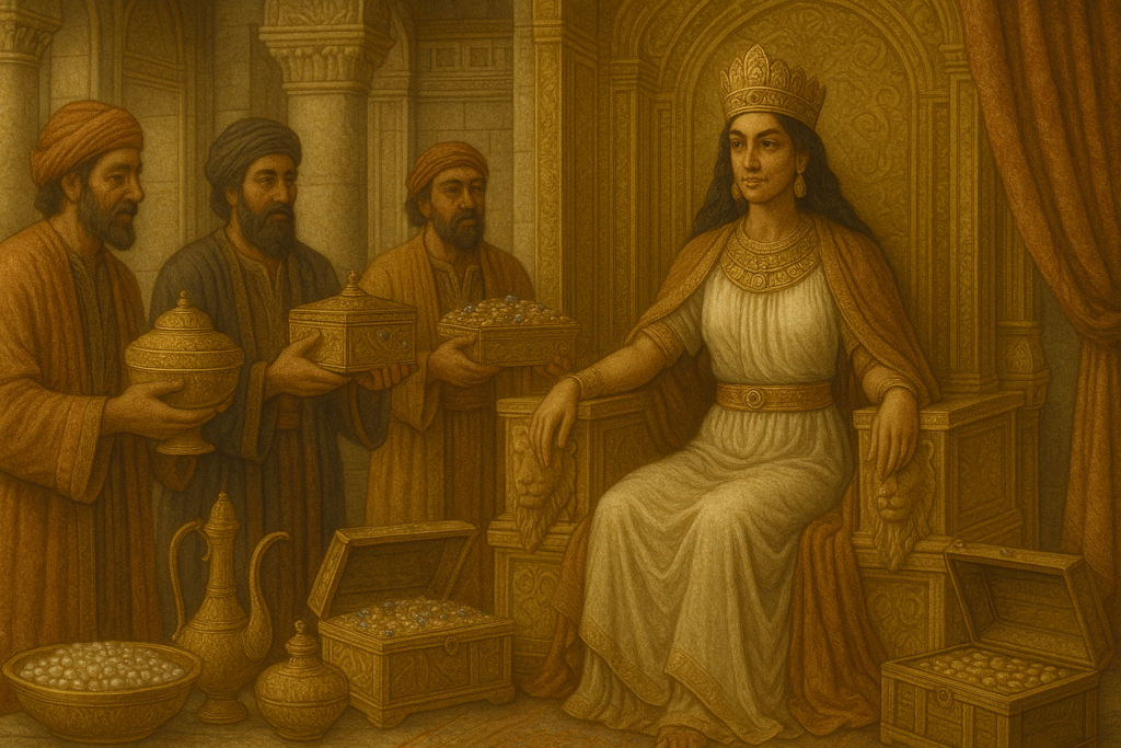 الملكة بلقيس على عرشها داخل قصر سبأ الفاخر تتلقى هدايا نفيسة من القادة والرسل في مشهد يبرز ثراء المملكة