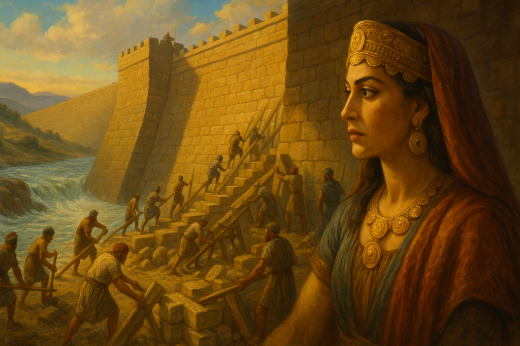 الملكة بلقيس تراقب تعزيز أساسات سدّ مأرب العملاق بينما يعمل البناؤون على تنظيم المياه في مشهد يرمز إلى الحكمة والاستقرار والازدهار