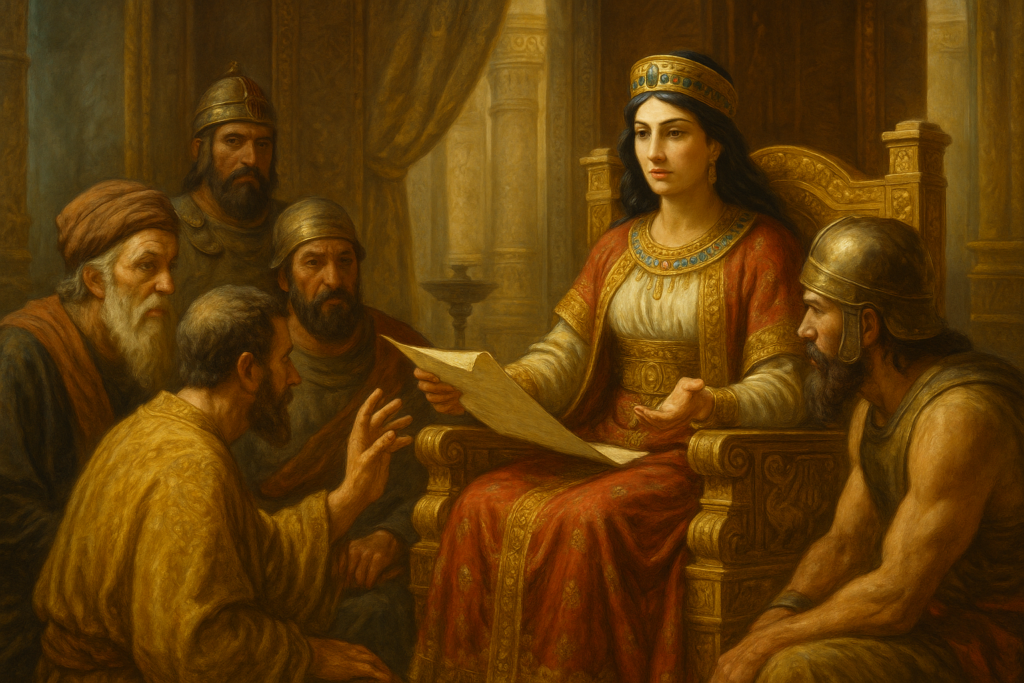 الملكة بلقيس تجلس على عرشها وتقرأ رسالة سليمان أمام مستشاريها ووزرائها داخل قصر سبأ في مشهد يبرز الحكمة والتشاور السياسي