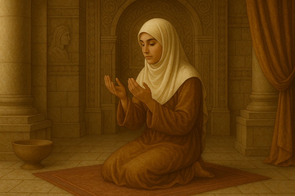 الملكة بلقيس بلباس وحجاب إسلامي تتعبد الله الواحد الأحد في مشهد رمزي يعكس التحول الإيماني والحكمة الروحية