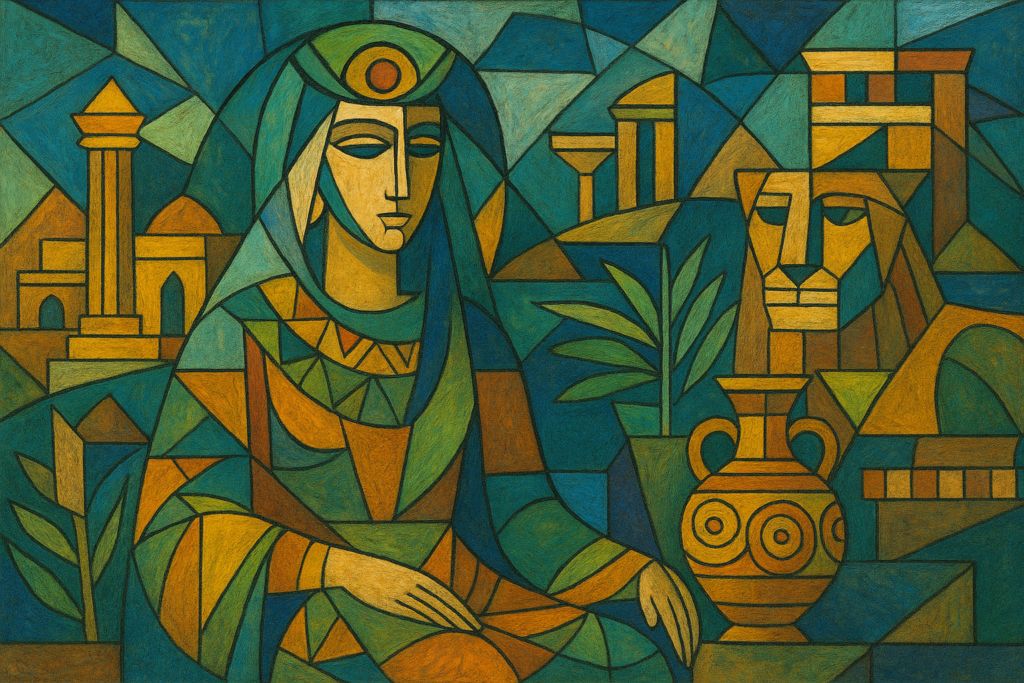 عمل فني تجريدي بأسلوب بيكاسو يجسد إرث الملكة بلقيس وحضارة سبأ من خلال أشكال هندسية ورموز معمارية قديمة