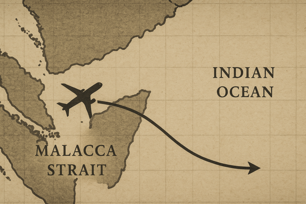 مسار اختفاء الرحلة MH370 نحو المحيط الهندي خريطة أرشيفية توضّح المسار الغامض لاختفاء الرحلة MH370 من مضيق مالقا إلى المحيط الهندي