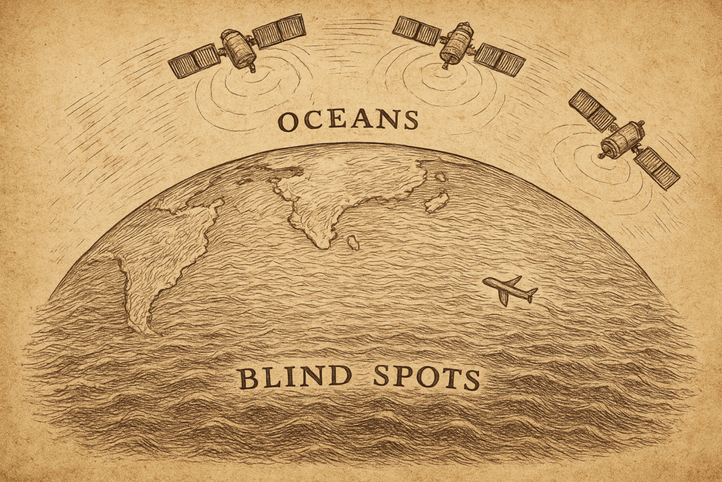 النقاط العمياء وراء اختفاء الرحلة MH370 رسمة رمزية بأسلوب دافنشي تشرح كيف تحولت المحيطات إلى نقاط عمياء في تتبع اختفاء الرحلة MH370