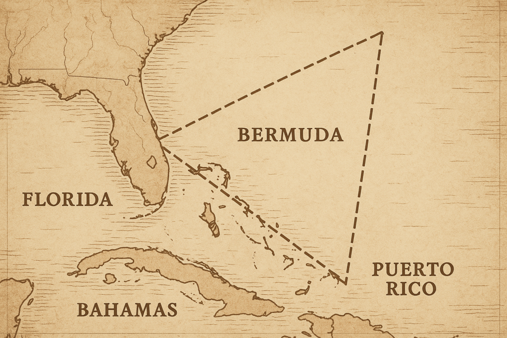 لغز مثلث برمودا على خريطة أرشيفية لغز مثلث برمودا بين فلوريدا وبرمودا وبورتوريكو على خريطة بحرية قديمة
