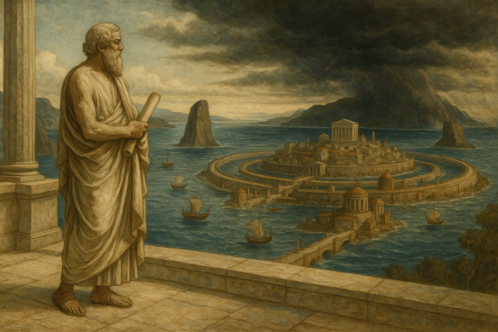 تصوير يوناني كلاسيكي لأفلاطون يتأمل مدينة أتلانتس الدائرية خلف أعمدة هرقل قبل غرقها