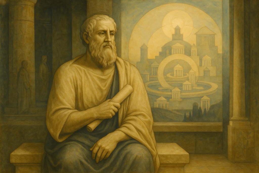 مشهد فلسفي يوناني يظهر أفلاطون بين الرمز الفكري والمصادر التاريخية القديمة لأتلانتس