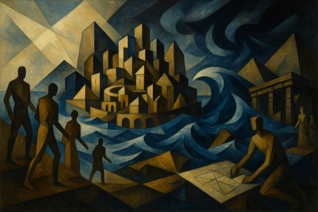 تمثيل رمزي لانهيار حضارة قديمة بفعل الطوفان العظيم بأسلوب فني تجريدي