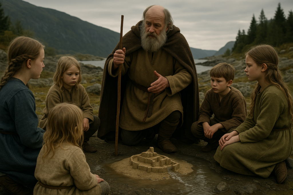 كاهن فايكنغ يشرح للأطفال أسطورة غرق حضارة قديمة باستخدام نموذج رملي غارق بالماء