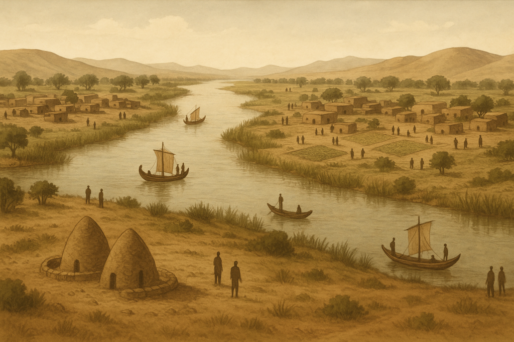 مشهد أثري تصوّري لمصر في عصر ما قبل الأسرات يظهر قرى منظمة على ضفاف النيل، زراعة بدائية، قوارب نهرية بسيطة، ومواقع دفن طقسية مبكرة.