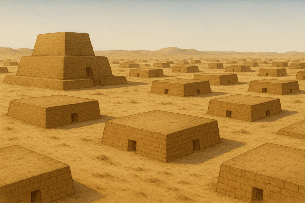 مشهد سينمائي أثري لمقابر المصاطب المبنية من الطوب اللبن في مصر القديمة، مصطفّة في جبانة منظمة وسط الصحراء.