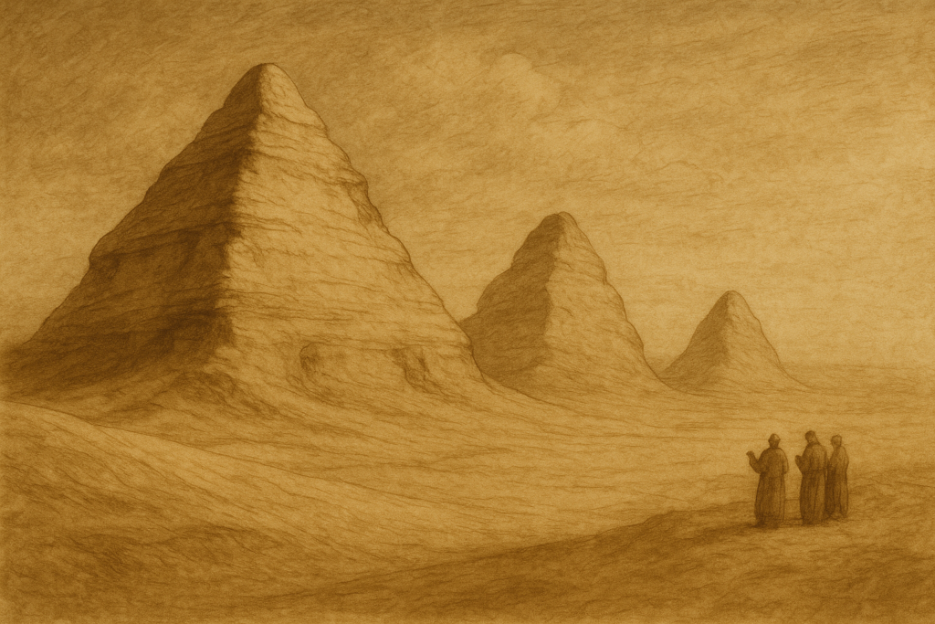 تشكيلات صخرية متآكلة في الصحراء تشبه الأهرامات، مع علماء آثار يراقبونها من بعيد في مشهد يوحي بالغموض العلمي والجدل البحثي.