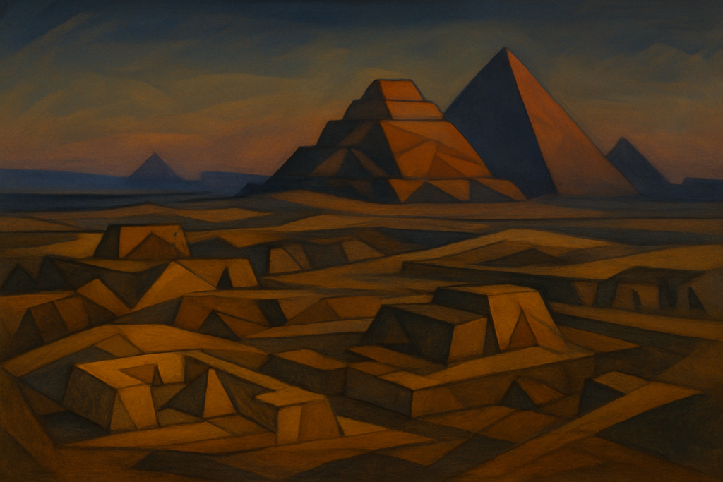 مشهد رمزي لهضبة الجيزة عند الغسق تظهر فيه الأهرامات البعيدة بينما تبرز طبقات خافتة من منشآت أقدم متخيلة تحت الرمال.