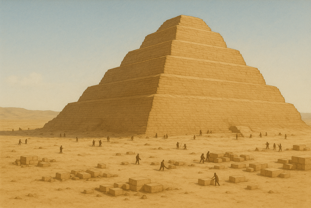 تصوير تاريخي شبه واقعي لهرم زوسر المدرج في سقارة خلال مراحل بنائه الأولى مع ظهور المصاطب المتراكبة والعمال القدماء.