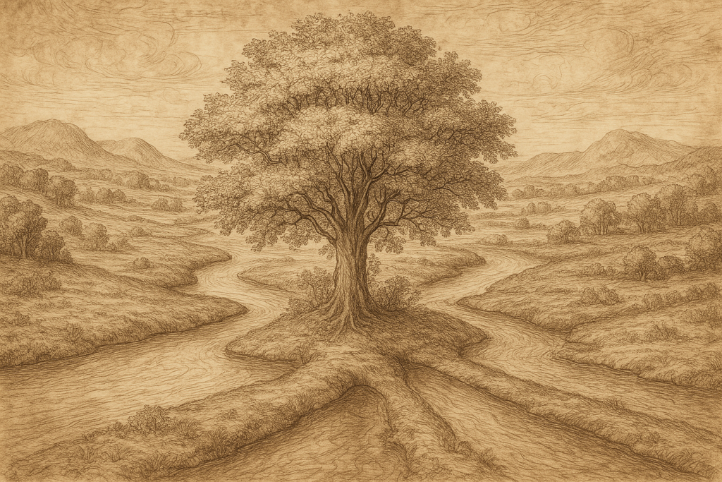 تصوّر تخيلي لجنّة الأرض المرتبطة بأسطورة أتلانتيس مع أنهار أربعة متدفقة وطبيعة خصبة