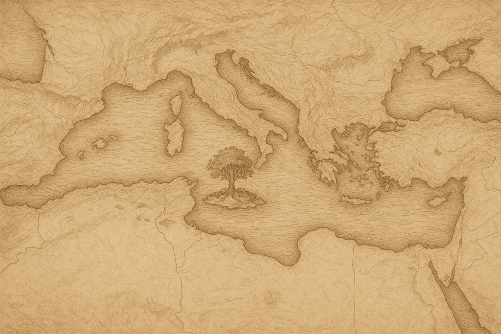 خريطة تخيلية توضح جغرافيا البحر المتوسط قبل غرق أتلانتيس وجنّة الأرض