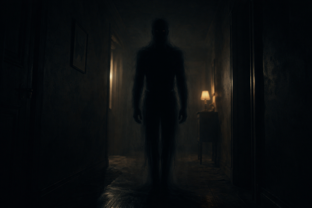 كيان من مخلوقات الظل يقف في زقاق مظلم ليلي بلا ملامح بشرية
