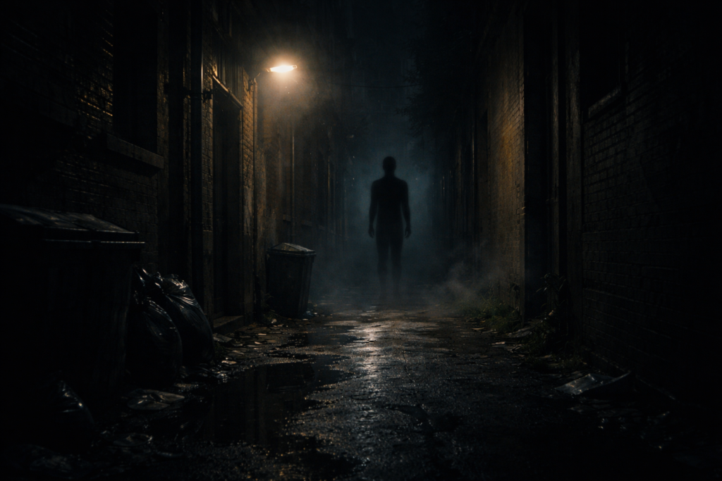 كيان من مخلوقات الظل يظهر في زقاق مظلم ليلي بلا ملامح بشرية واضحة