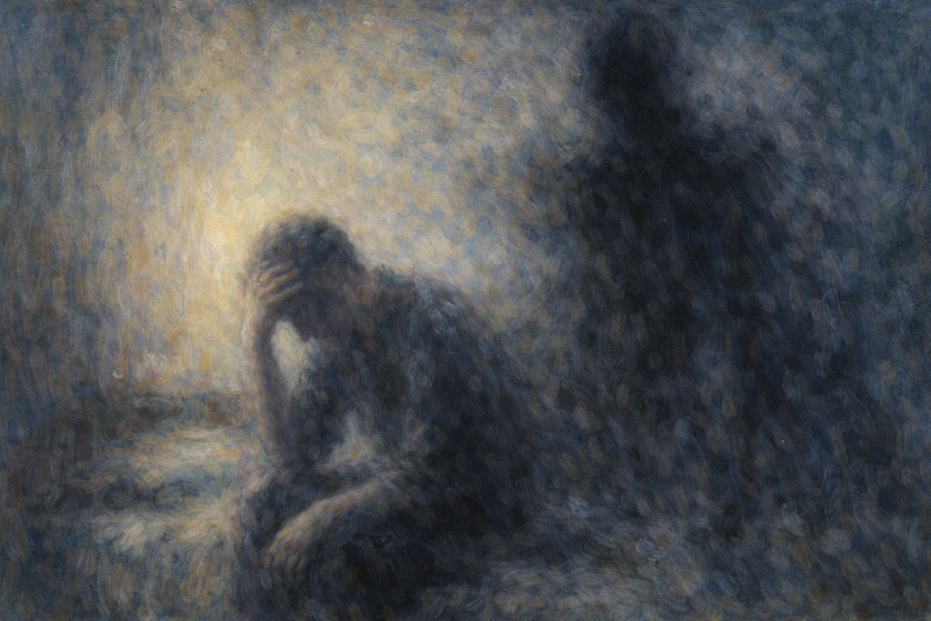 تأثير مخلوقات الظل النفسي على الإنسان بأسلوب انطباعي تجريدي