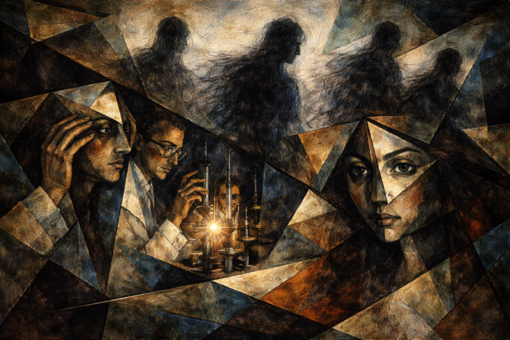 الجدل بين العلم والغموض حول حقيقة مخلوقات الظل بأسلوب تكعيبي