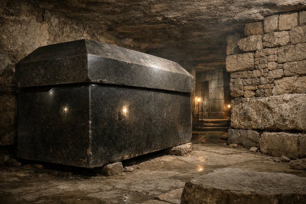 مشهد أثري واقعي داخل السرابيوم في سقارة يُظهر توابيت جرانيتية ضخمة مصقولة بدقة عالية، مع تباين واضح بين البناء السفلي المتقن والبناء اللاحق الأبسط، في إشارة محتملة إلى أدلة وجود حضارات أقدم من الفراعنة.