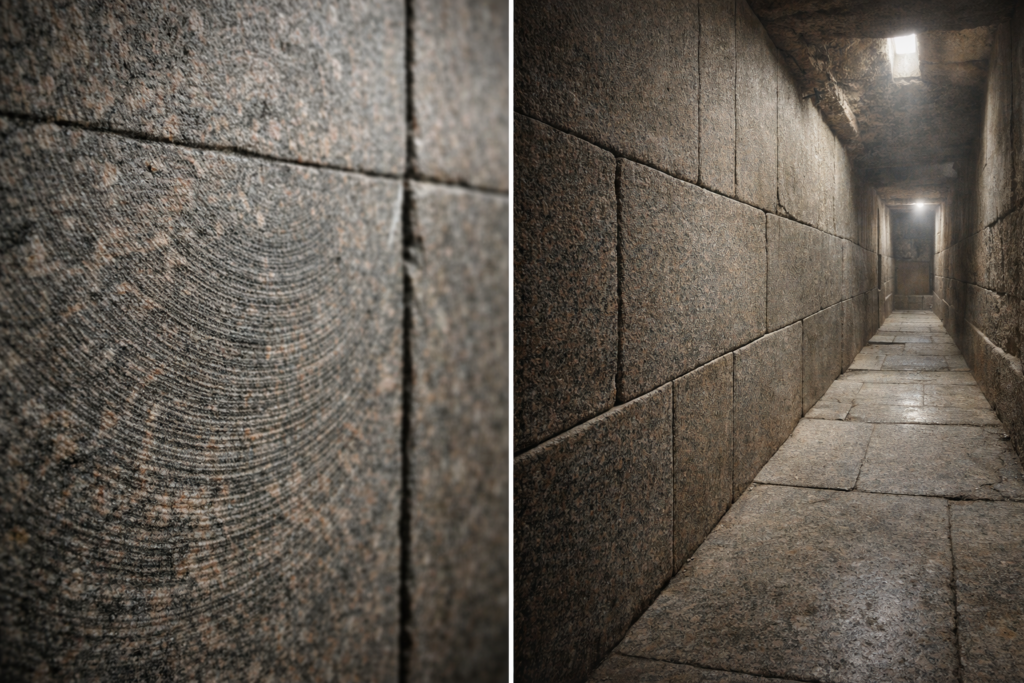 تفاصيل مقرّبة لكتل جرانيتية مقطوعة بدقة شبه مثالية داخل ممر هرمي، تظهر آثار قطع منتظمة وانسجام هندسي لافت، ما يعزز فرضية وجود حضارات أقدم من الفراعنة امتلكت معرفة تقنية متقدمة.