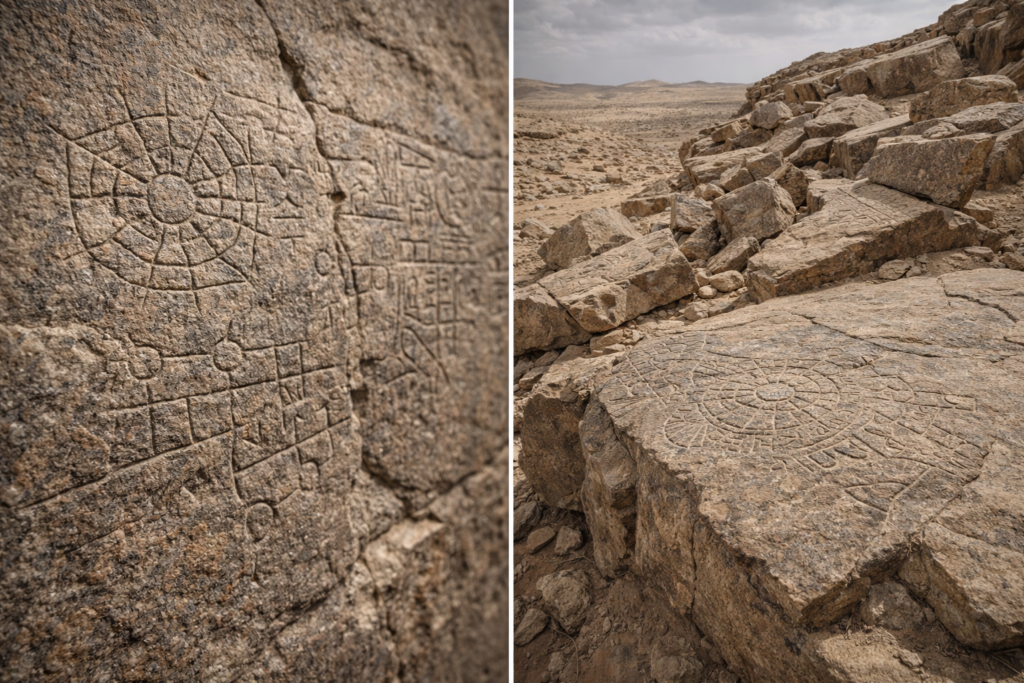 نقوش صخرية قديمة محفورة في بيئة صحراوية طبيعية، تتكون من أشكال هندسية وأنماط تشبه الخرائط النجمية، لا تنتمي للهيروغليفية المصرية، وتدعم احتمال وجود حضارات أقدم من الفراعنة ذات رموز مختلفة.