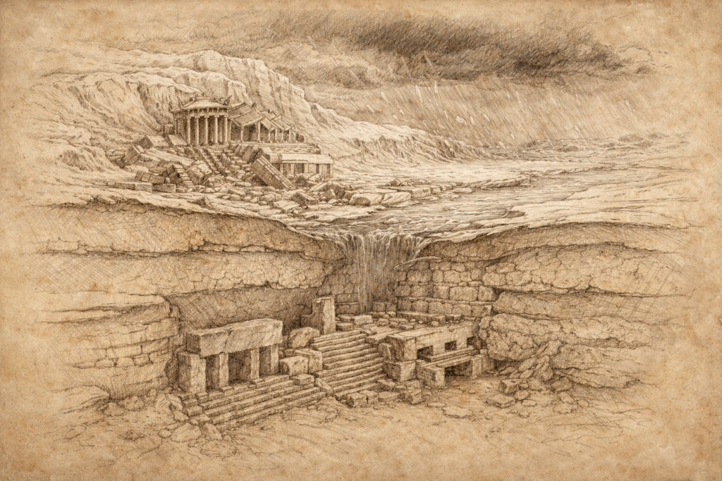 رسمة عرضية بأسلوب عصر النهضة تُظهر طبقات الأرض قبل وبعد حدث مناخي عنيف، حيث تبدو حضارات مدفونة تحت الرواسب الجيولوجية، في تصور بصري لاحتمال اندثار حضارات أقدم من الفراعنة بسبب كوارث طبيعية كبرى.