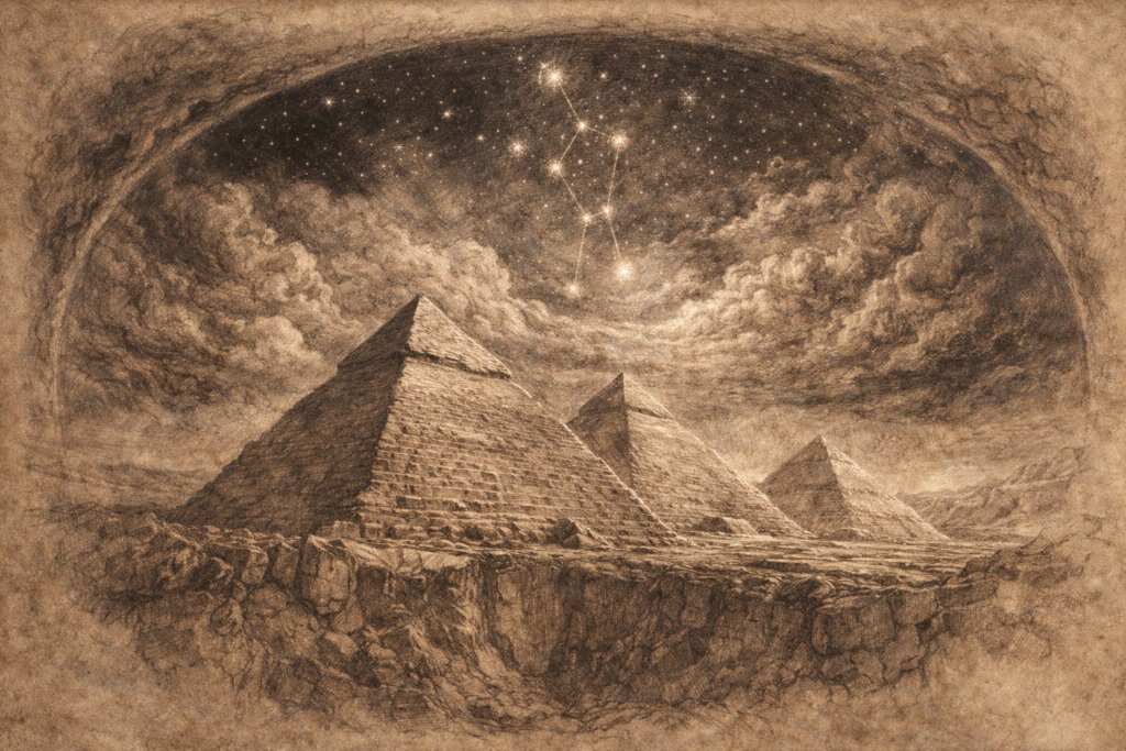 رسم ملحمي بأسلوب عصر النهضة يصوّر الأهرامات متراصفة تحت السماء في محاذاة مع حزام كوكبة أوريون، في تعبير فني عن احتمال وجود تقليد فلكي موروث من حضارات أقدم من الفراعنة.