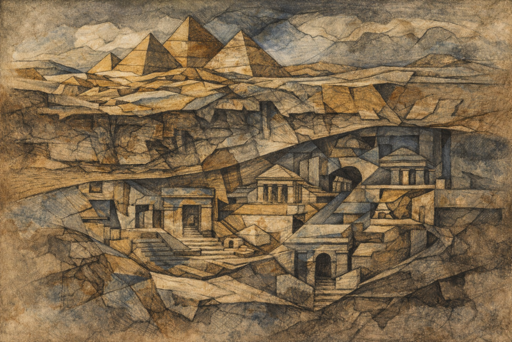 عمل فني تكعيبي يُظهر طبقات الأرض والحضارات بشكل مجزأ ومتداخل، حيث تمثل الأهرامات طبقة متقدمة تعلو بقايا حضارات مطموسة، في تجسيد رمزي لأدلة وجود حضارات أقدم من الفراعنة.