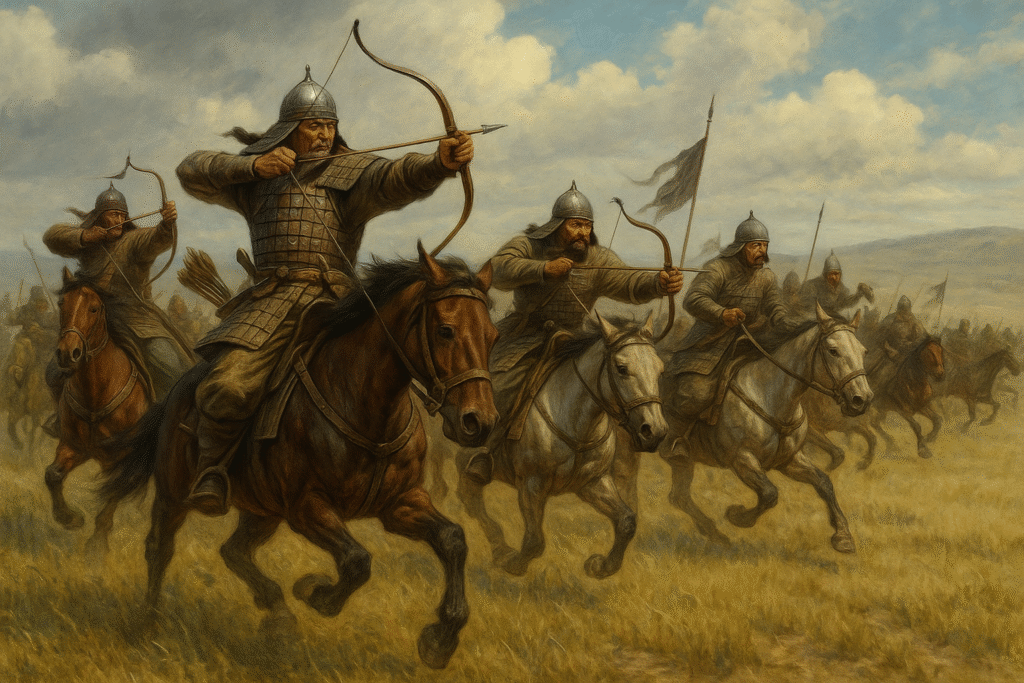 صورة لجنود مغول يستعملون السهام على خيولهمم