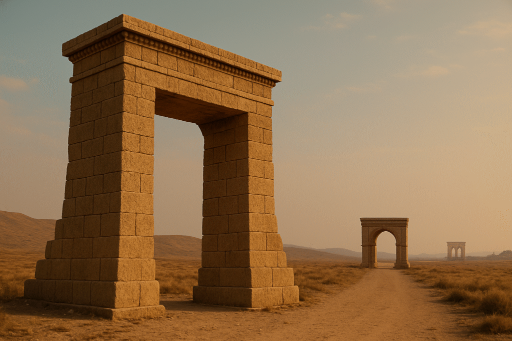 صورة رمزية لثلاث بوابات حجرية عبر العصور