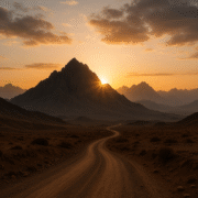 منظر جبلي عند شروق الشمس مع طريق صحراوي متعرّج يقود نحو قمة جبلية عالية.