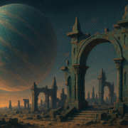 كوكب عملاق يطلّ فوق أطلال حضارة غريبة غير بشرية في مشهد ملحمي.