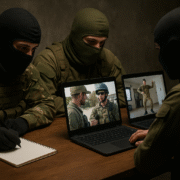 جنود ملثمون يتابعون فيديوهات لجنود العدو على الحواسيب ويقومون بتسجيل ملاحظات استخبارية.