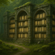 مكتبة حجرية ضخمة وسط غابة كثيفة تتوهّج فيها ألواح مضيئة تشبه الكتب.