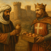 مشهد تاريخي تخيلي يصوّر لقاء صلاح الدين الأيوبي وريتشارد قلب الأسد وتبادلهما للهدايا أمام قلعة من العصور الوسطى.