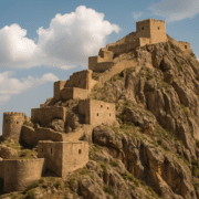 قلعة حجرية قديمة مبنية فوق جبل شاهق في أجواء ضبابية وغامضة