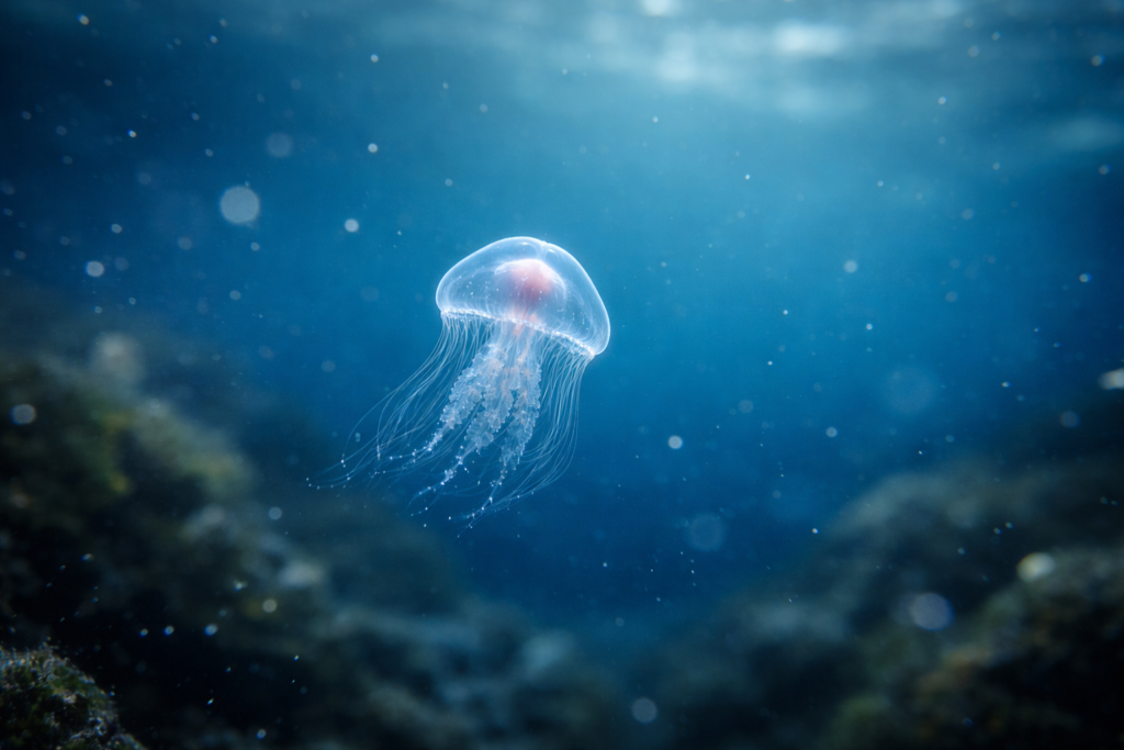 القنديل الخالد في مرحلة البلوغ يطفو في المياه العميقة