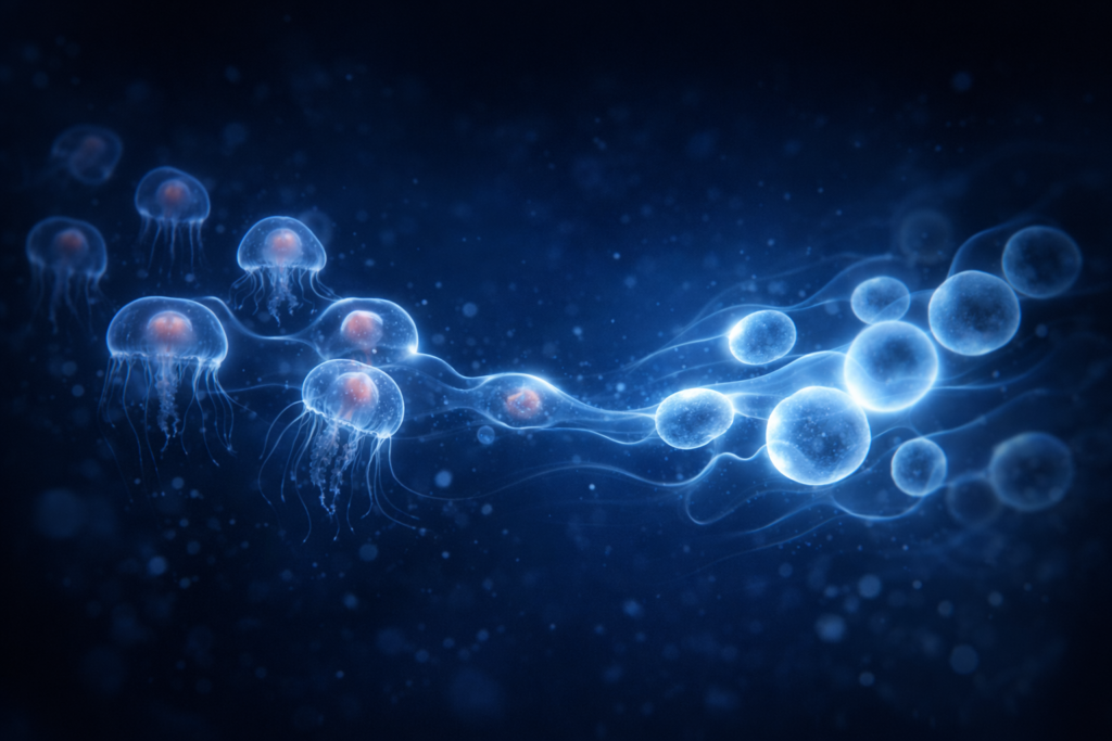 تمثيل علمي لتحول خلايا القنديل الخالد وإعادة برمجتها