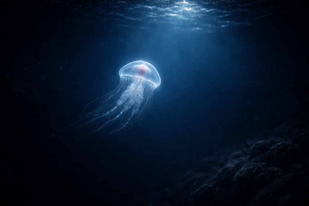 القنديل الخالد يسبح منفردًا في ظلام أعماق المحيط