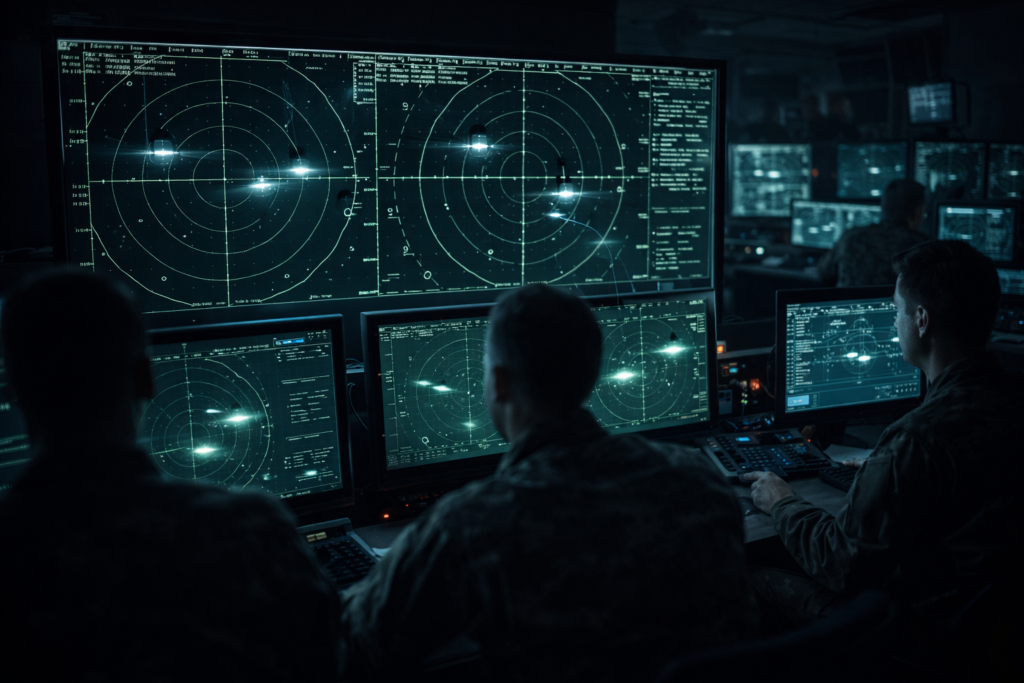 غرفة قيادة عسكرية تراقب أجسامًا طائرة مجهولة عبر الرادار