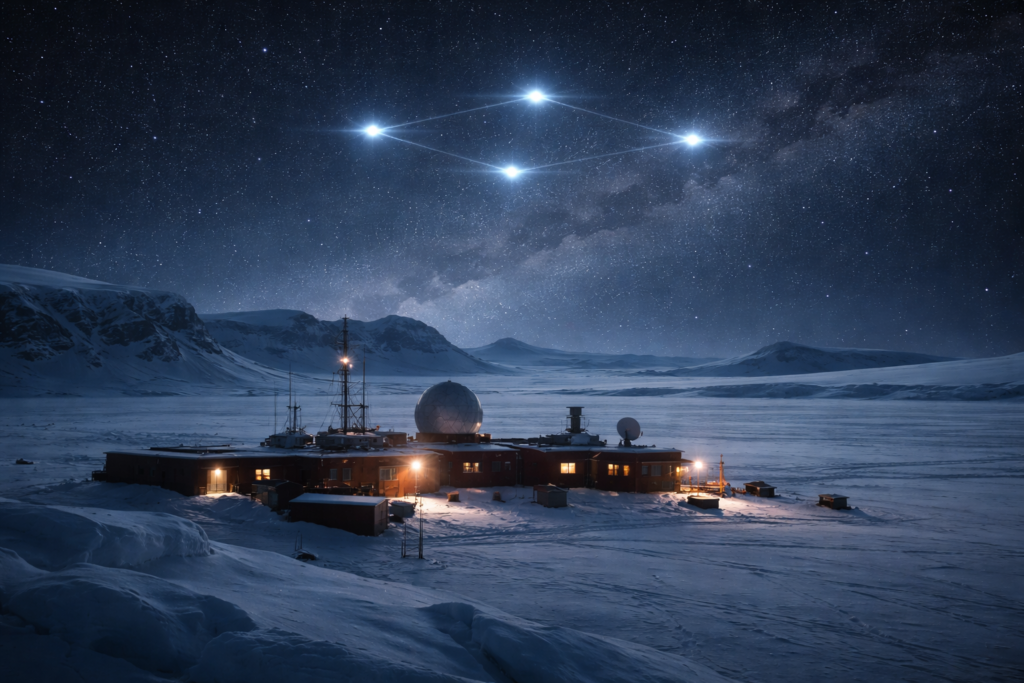 محطة أبحاث في القطب الجنوبي مع أضواء غامضة في السماء