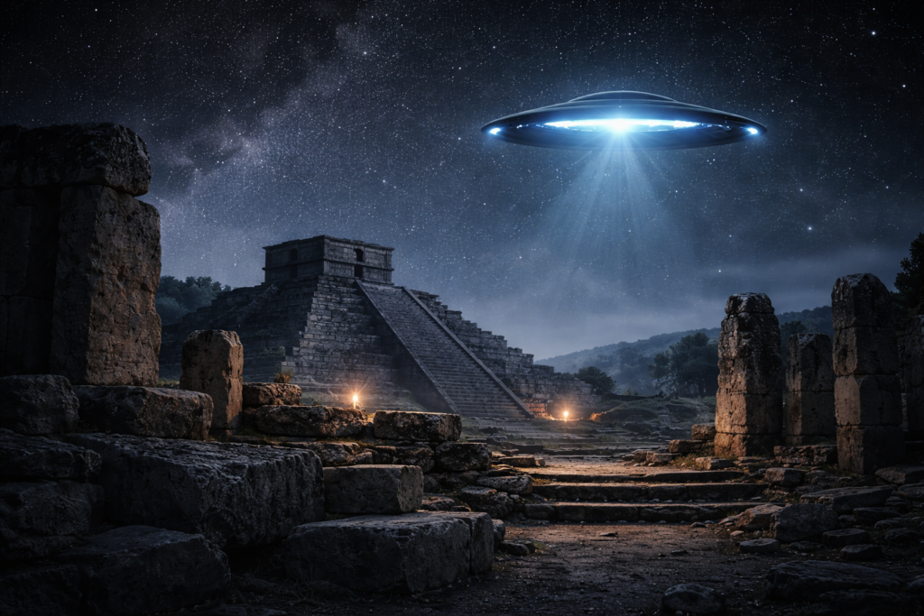 موقع أثري قديم مع جسم طائر مجهول في السماء