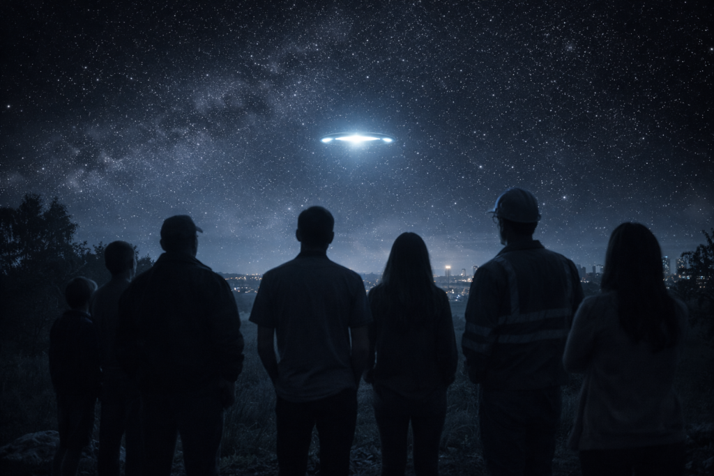أشخاص يراقبون جسمًا طائرًا مجهولًا في سماء الليل