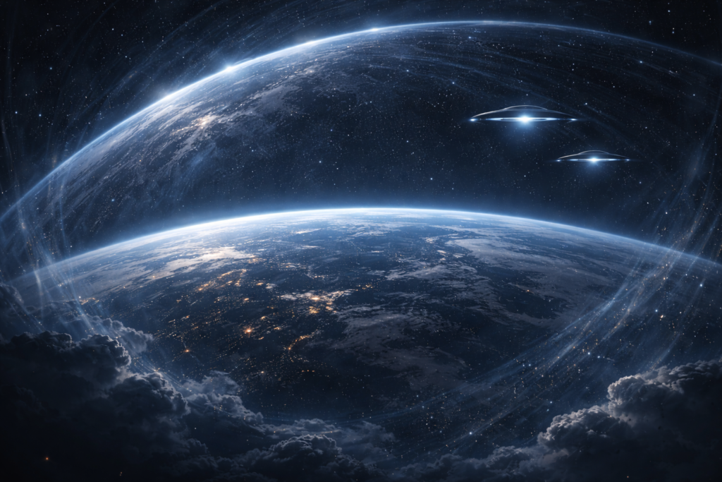 الأرض محاطة بحاجز كوني مع مركبات فضائية تراقب بصمت