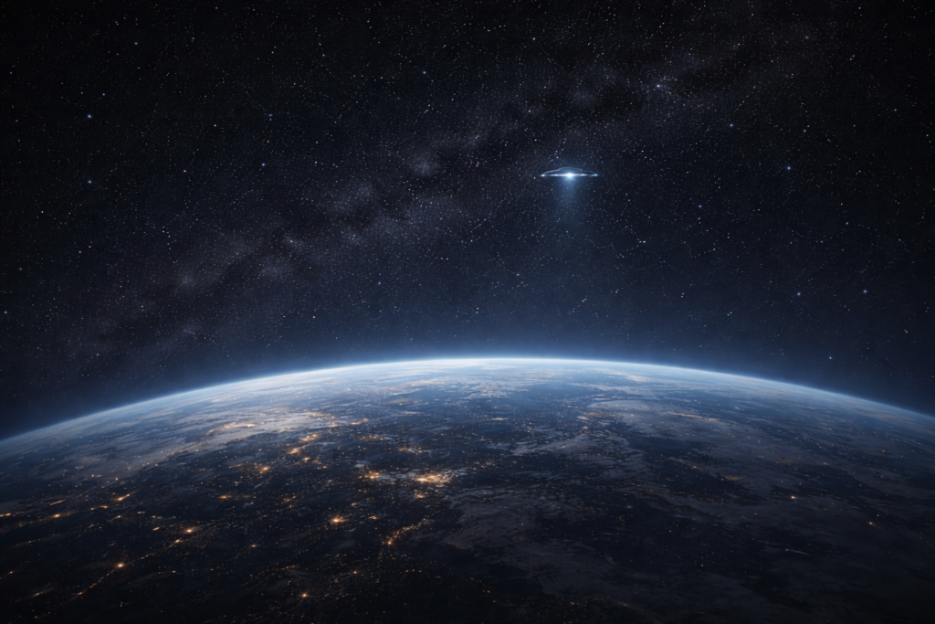 جسم طائر مجهول يبتعد في الفضاء فوق كوكب الأرض