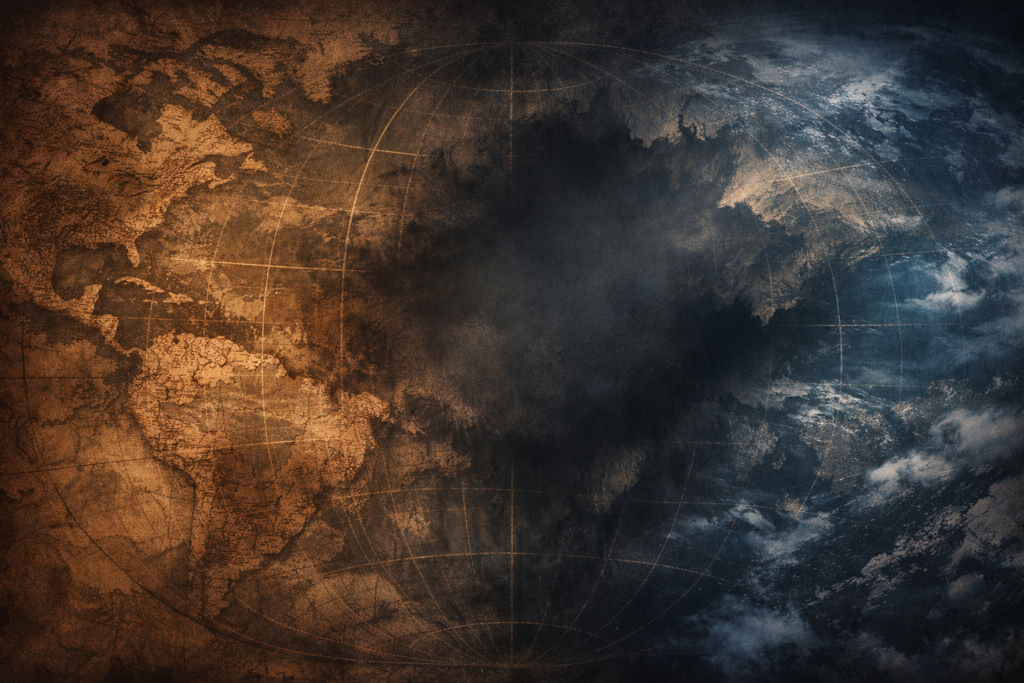 خريطة عالم قديمة تتلاشى في الظلام مع بقع غامضة توحي بأماكن مجهولة وملعونة