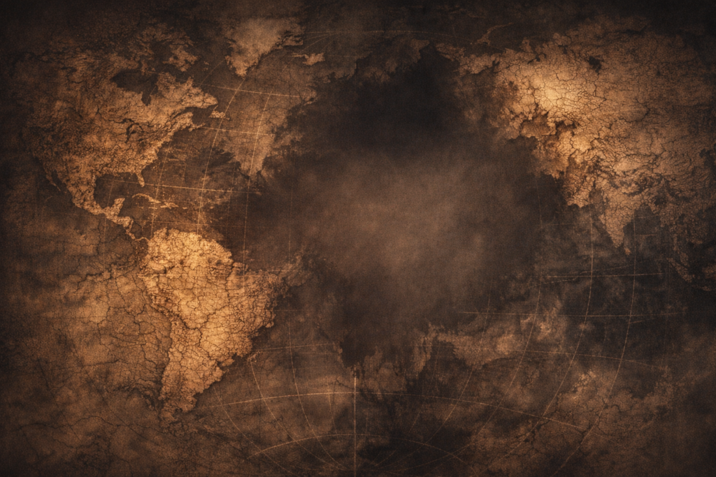 خريطة قديمة تحتوي على مساحة فارغة غير مكتشفة محاطة بمناطق مرسومة بدقة