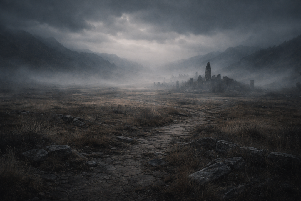 أرض مهجورة تتوسطها أطلال قديمة وسط ضباب كثيف توحي بتوقف الزمن